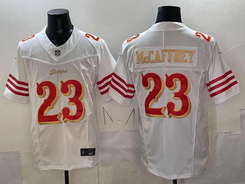 Men 2026 San Francisco 49ers #23 Mccaffrey White Gold 5th generations Nike Limited NFL Jersey style 001